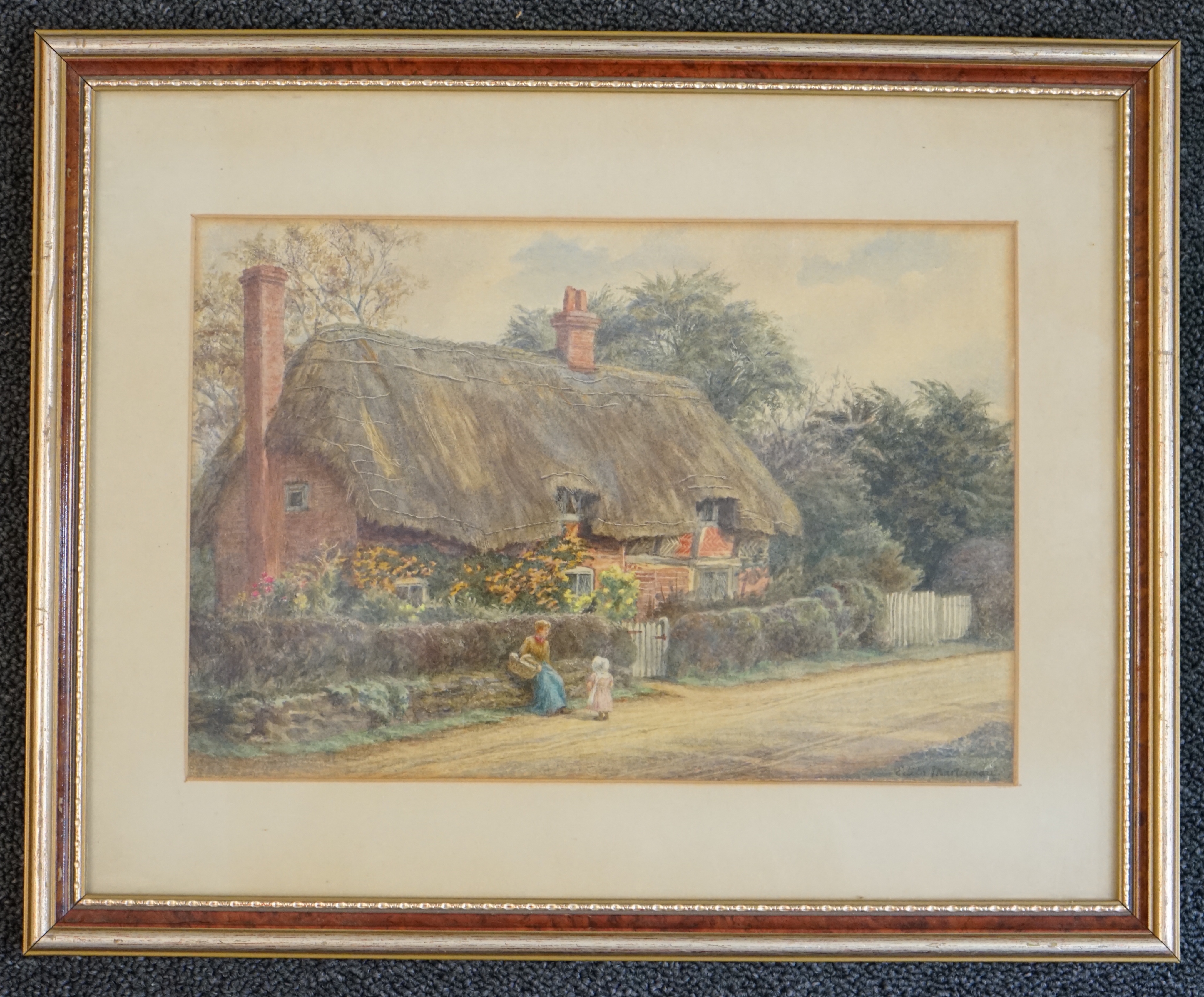 Edith Martineau (1842-1909), watercolour, Figures beside a thatched cottage, signed, 19 x 28cm